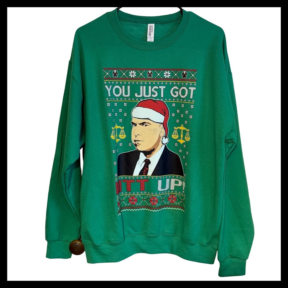 NWOT Suits Louis Litt Up Ugly Christmas Sweater Jerzees Green Size L